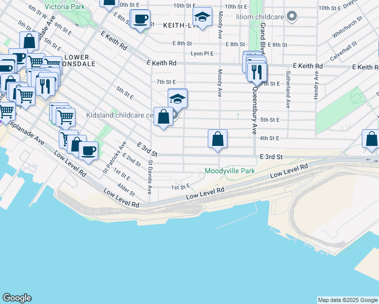 map of restaurants, bars, coffee shops, grocery stores, and more near 612 3rd Street East in North Vancouver