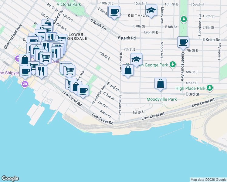 map of restaurants, bars, coffee shops, grocery stores, and more near 433 East 3rd Street in North Vancouver