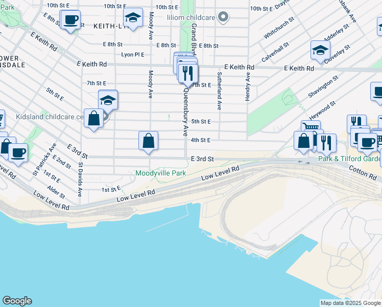 map of restaurants, bars, coffee shops, grocery stores, and more near 808 East 3rd Street in North Vancouver