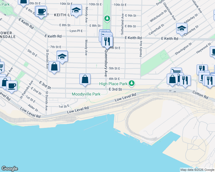 map of restaurants, bars, coffee shops, grocery stores, and more near 802 East 3rd Street in North Vancouver