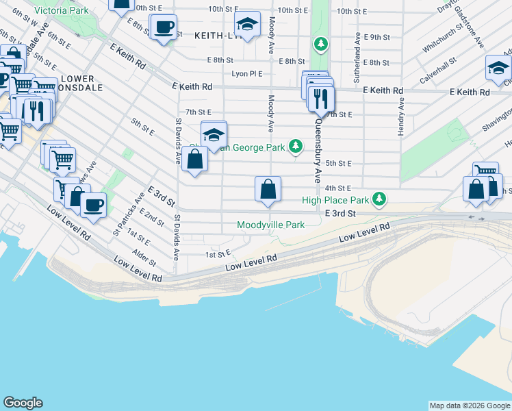 map of restaurants, bars, coffee shops, grocery stores, and more near in North Vancouver