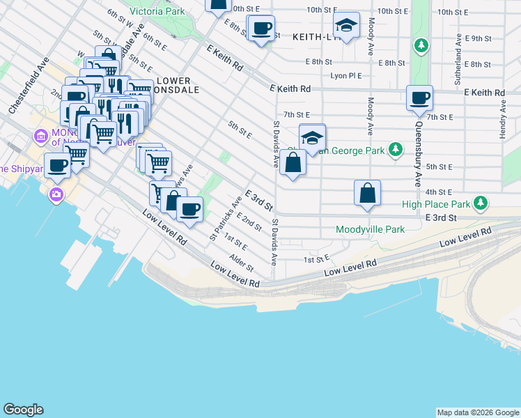 map of restaurants, bars, coffee shops, grocery stores, and more near 433 East 3rd Street in North Vancouver