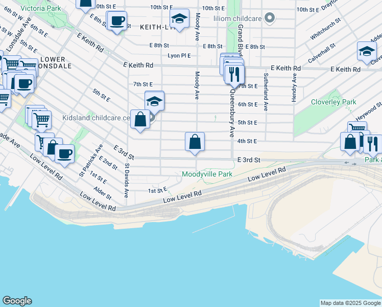 map of restaurants, bars, coffee shops, grocery stores, and more near 658 3rd Street East in North Vancouver