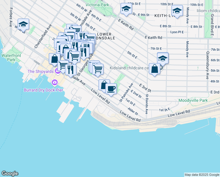 map of restaurants, bars, coffee shops, grocery stores, and more near 333 1st Street East in North Vancouver