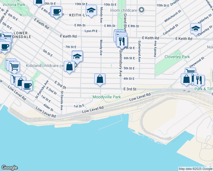 map of restaurants, bars, coffee shops, grocery stores, and more near 720 East 3rd Street in North Vancouver