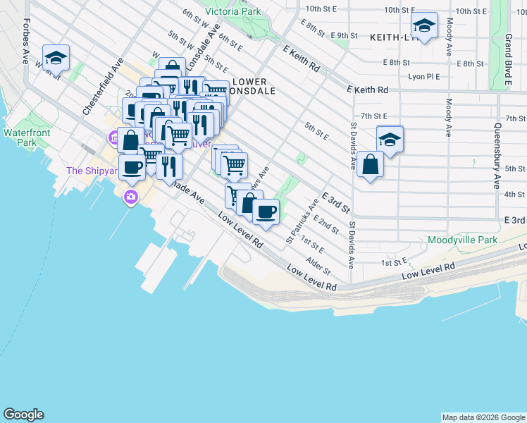 map of restaurants, bars, coffee shops, grocery stores, and more near 333 1st Street East in North Vancouver