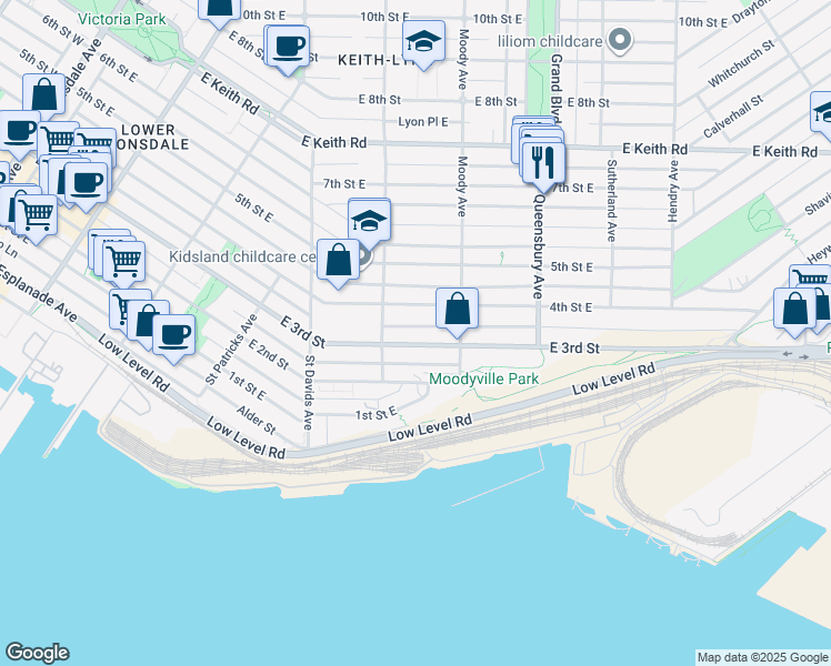 map of restaurants, bars, coffee shops, grocery stores, and more near 632 East 3rd Street in North Vancouver