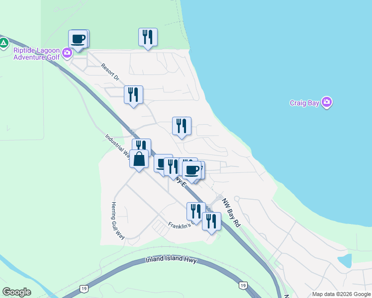 map of restaurants, bars, coffee shops, grocery stores, and more near 1175 Resort Drive in Parksville