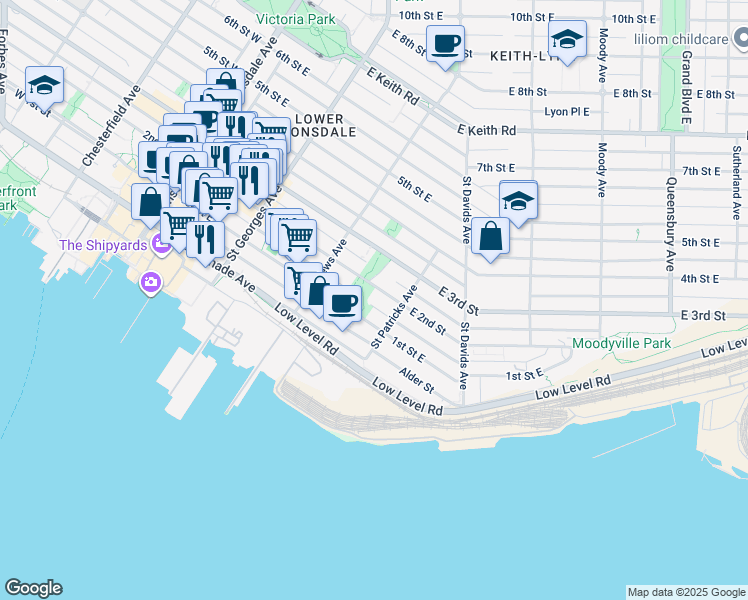 map of restaurants, bars, coffee shops, grocery stores, and more near 357 East 2nd Street in North Vancouver