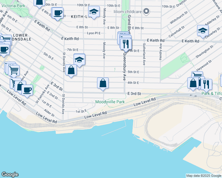 map of restaurants, bars, coffee shops, grocery stores, and more near 720 East 3rd Street in North Vancouver