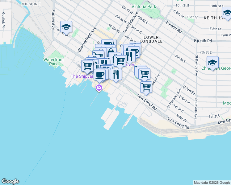 map of restaurants, bars, coffee shops, grocery stores, and more near 199 Victory Ship Way in North Vancouver