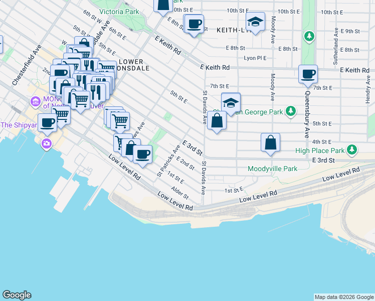 map of restaurants, bars, coffee shops, grocery stores, and more near 419 3rd Street West in North Vancouver