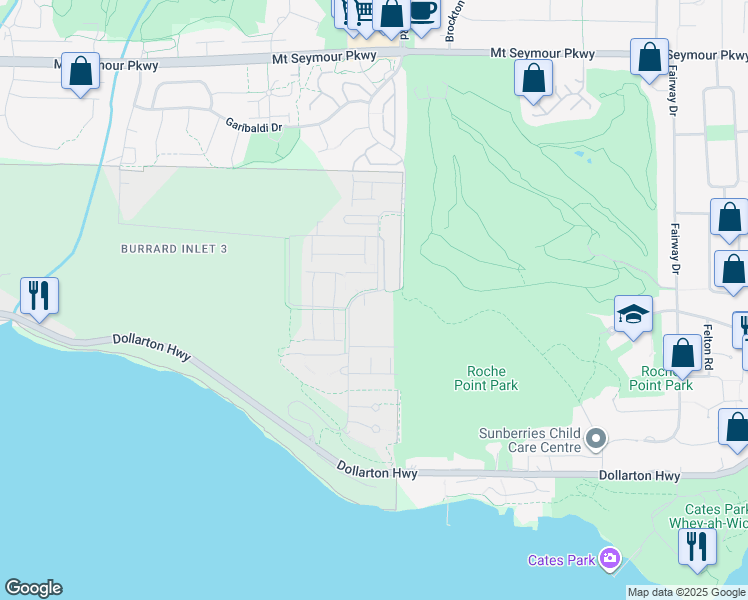 map of restaurants, bars, coffee shops, grocery stores, and more near 587 Raven Woods Drive in North Vancouver