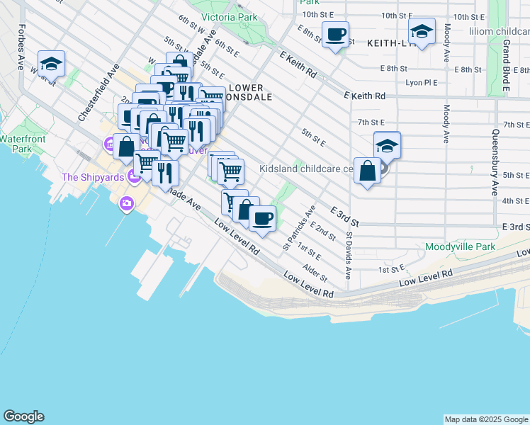 map of restaurants, bars, coffee shops, grocery stores, and more near 330 1st Street East in North Vancouver