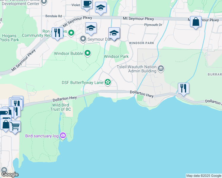 map of restaurants, bars, coffee shops, grocery stores, and more near 2874 Dollarton Highway in North Vancouver