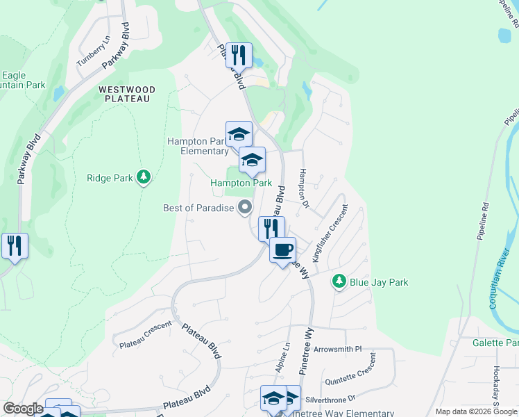 map of restaurants, bars, coffee shops, grocery stores, and more near 1751 Paddock Drive in Coquitlam