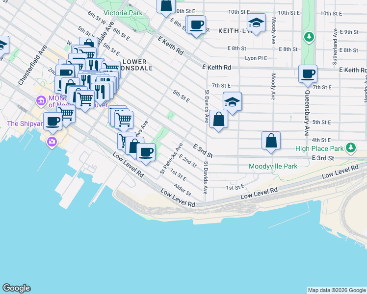map of restaurants, bars, coffee shops, grocery stores, and more near 230 Saint Patricks Avenue in North Vancouver