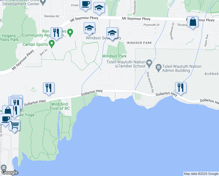 map of restaurants, bars, coffee shops, grocery stores, and more near 2874 Dollarton Highway in North Vancouver