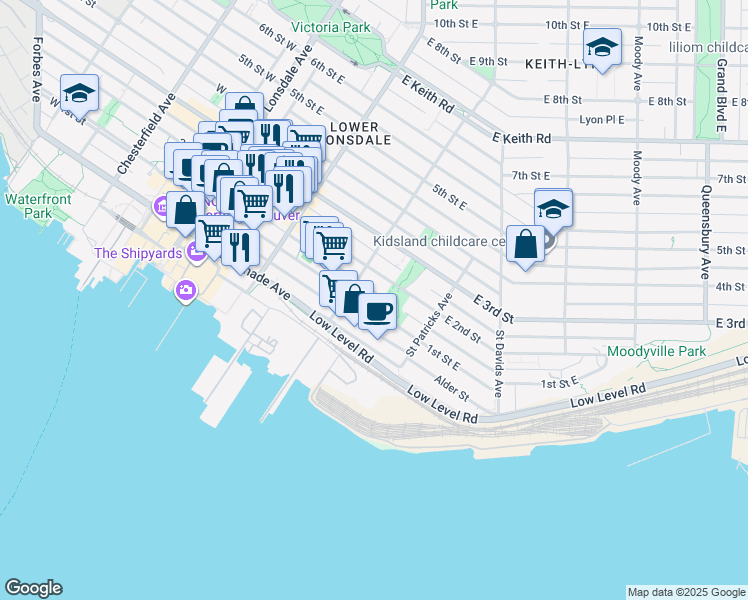 map of restaurants, bars, coffee shops, grocery stores, and more near 330 East 1st Avenue in Vancouver