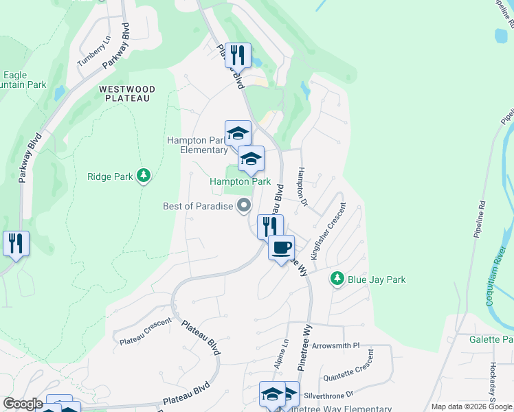 map of restaurants, bars, coffee shops, grocery stores, and more near 1751 Paddock Drive in Coquitlam
