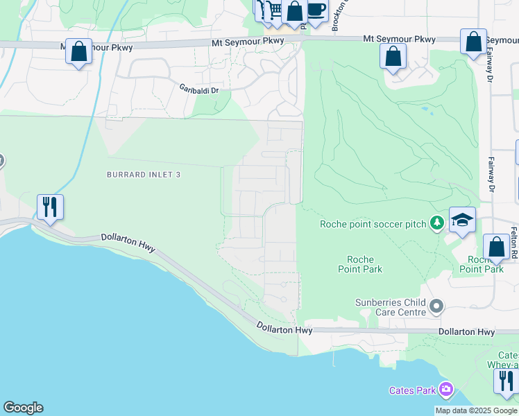 map of restaurants, bars, coffee shops, grocery stores, and more near 590 Lile Drive in North Vancouver