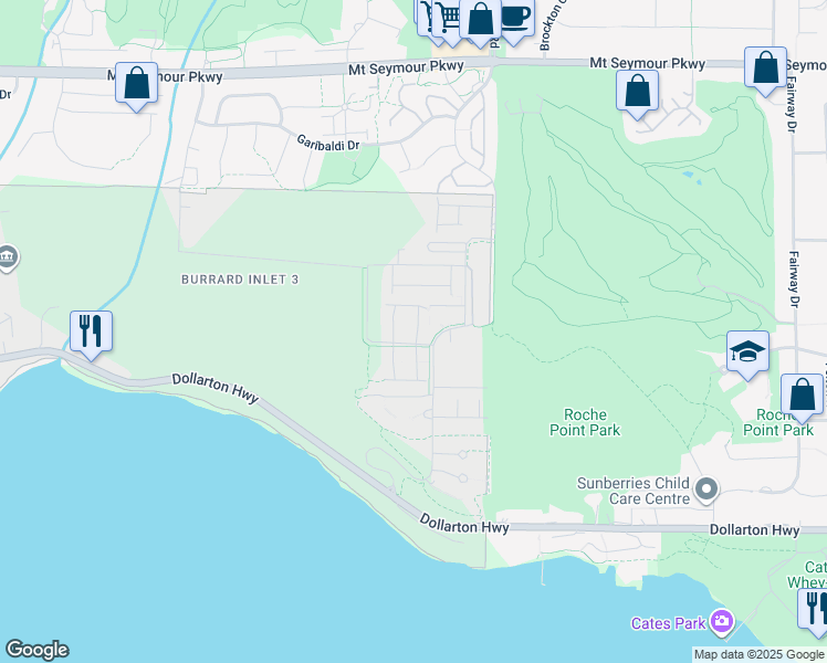 map of restaurants, bars, coffee shops, grocery stores, and more near 3596 Salal Drive in North Vancouver