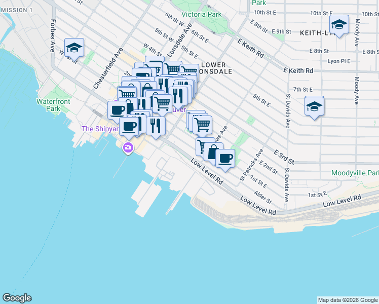 map of restaurants, bars, coffee shops, grocery stores, and more near 232a Esplanade East in North Vancouver