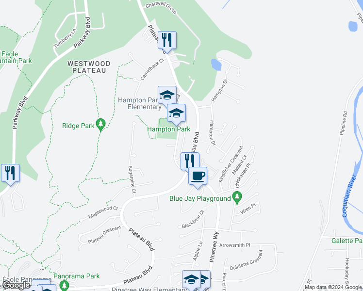 map of restaurants, bars, coffee shops, grocery stores, and more near 1751 Paddock Drive in Coquitlam
