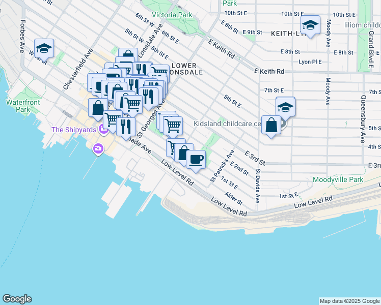 map of restaurants, bars, coffee shops, grocery stores, and more near 314 1st Street East in North Vancouver