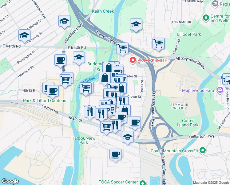 map of restaurants, bars, coffee shops, grocery stores, and more near in North Vancouver