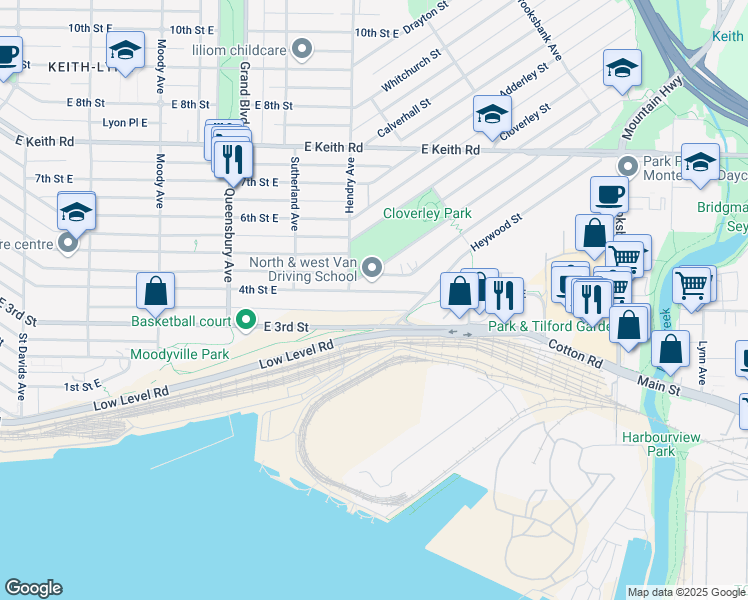 map of restaurants, bars, coffee shops, grocery stores, and more near 919 4th Street East in North Vancouver