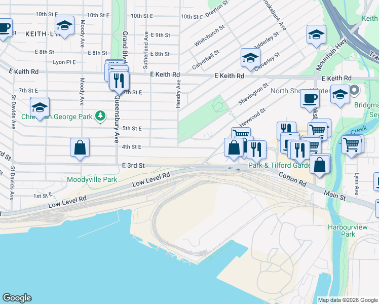 map of restaurants, bars, coffee shops, grocery stores, and more near 919 4th Street East in North Vancouver