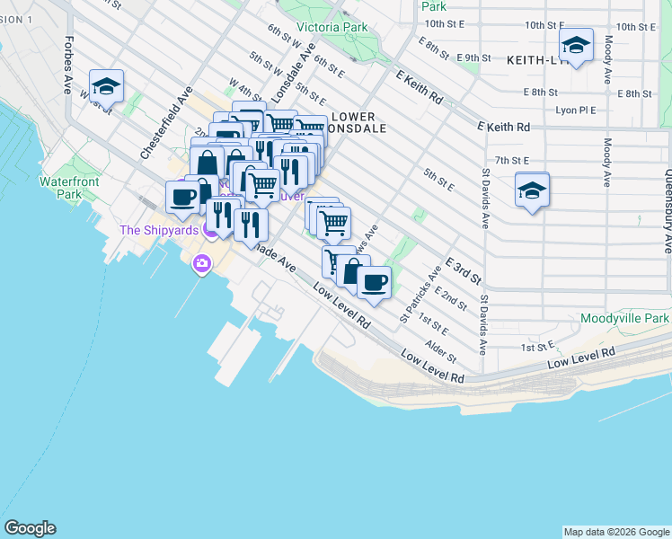map of restaurants, bars, coffee shops, grocery stores, and more near 95 Saint Andrews Avenue in North Vancouver