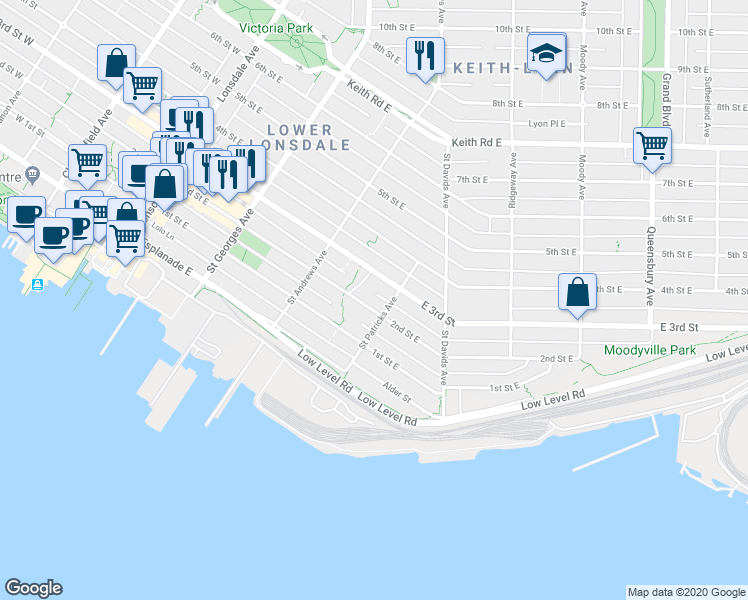map of restaurants, bars, coffee shops, grocery stores, and more near in North Vancouver