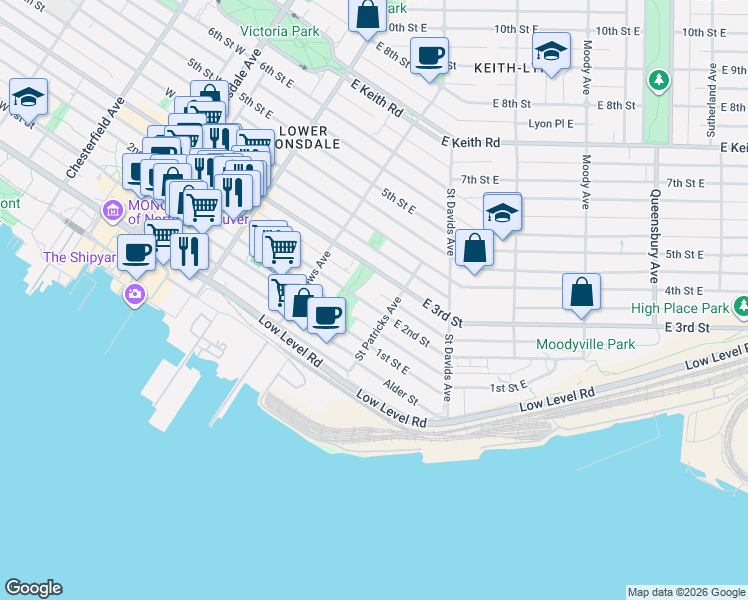 map of restaurants, bars, coffee shops, grocery stores, and more near 360 2nd Street West in North Vancouver