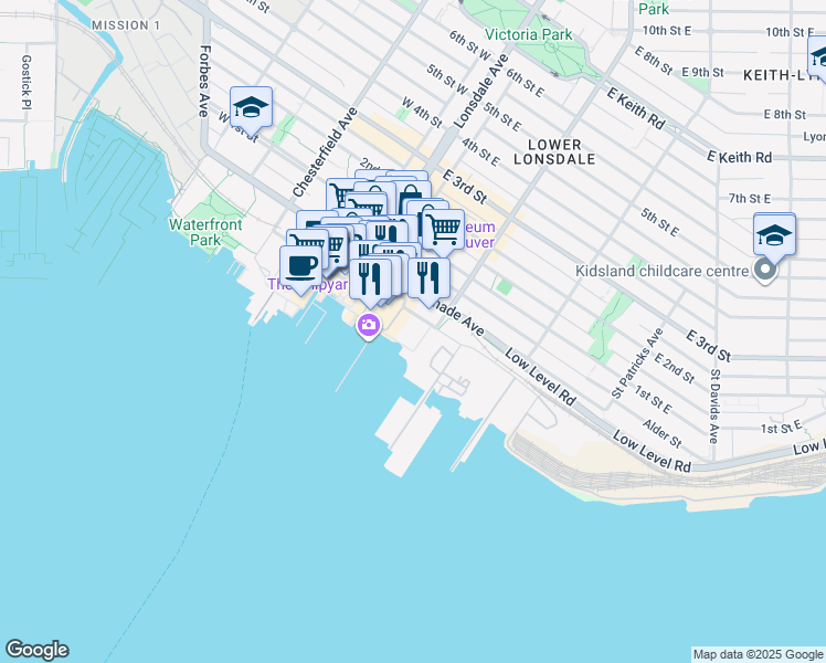 map of restaurants, bars, coffee shops, grocery stores, and more near 177 Victory Ship Way in North Vancouver