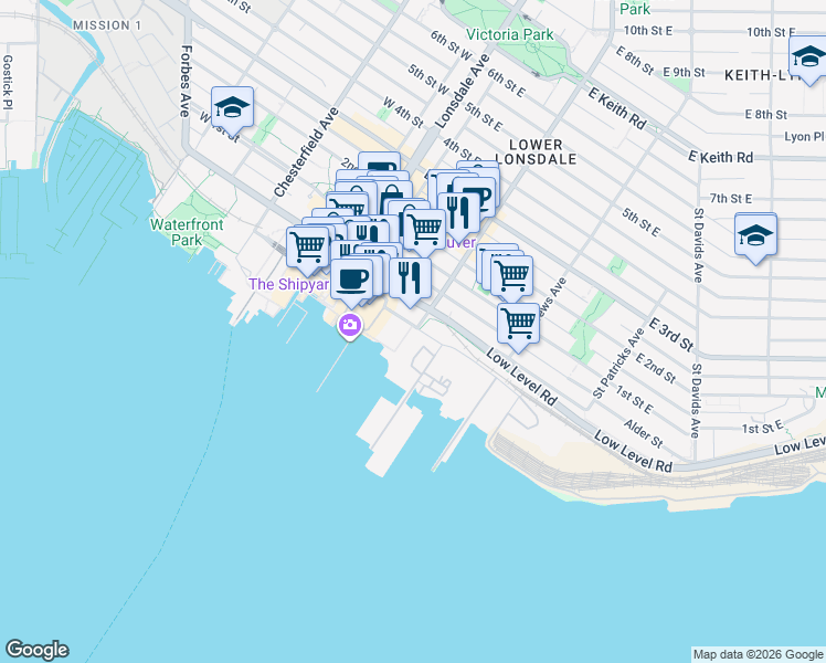map of restaurants, bars, coffee shops, grocery stores, and more near 199 Victory Ship Way in North Vancouver