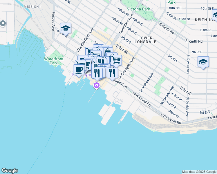map of restaurants, bars, coffee shops, grocery stores, and more near 185 Victory Ship Way in North Vancouver