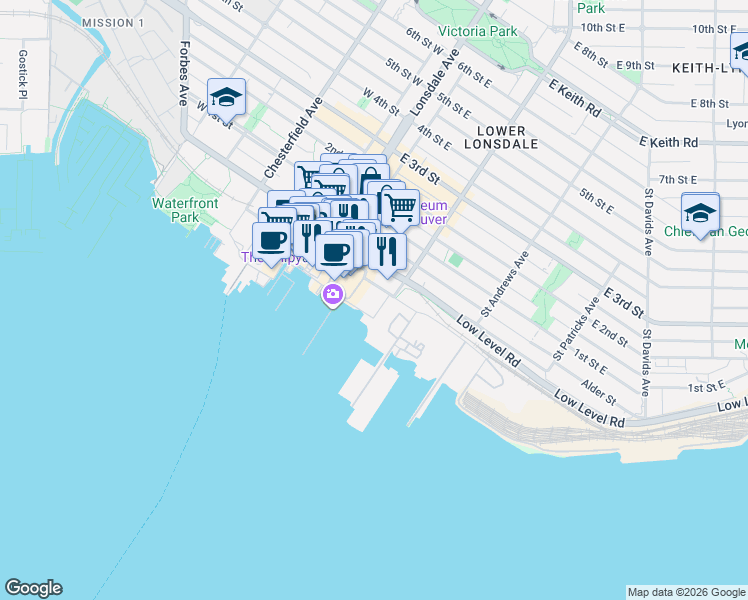 map of restaurants, bars, coffee shops, grocery stores, and more near 175 Victory Ship Way in North Vancouver