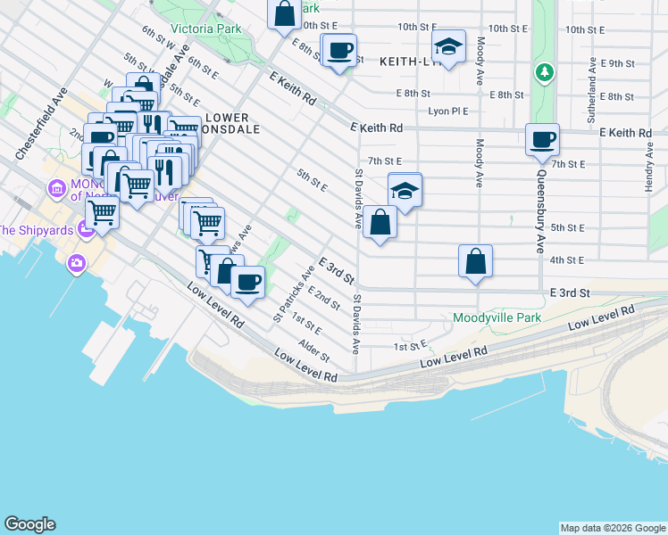 map of restaurants, bars, coffee shops, grocery stores, and more near 422 East 3rd Street in North Vancouver