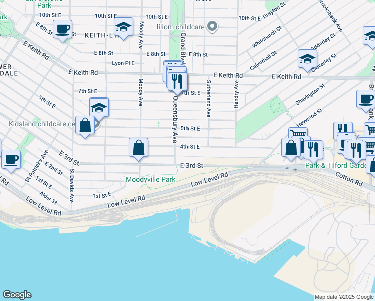 map of restaurants, bars, coffee shops, grocery stores, and more near 723 4th Street East in North Vancouver