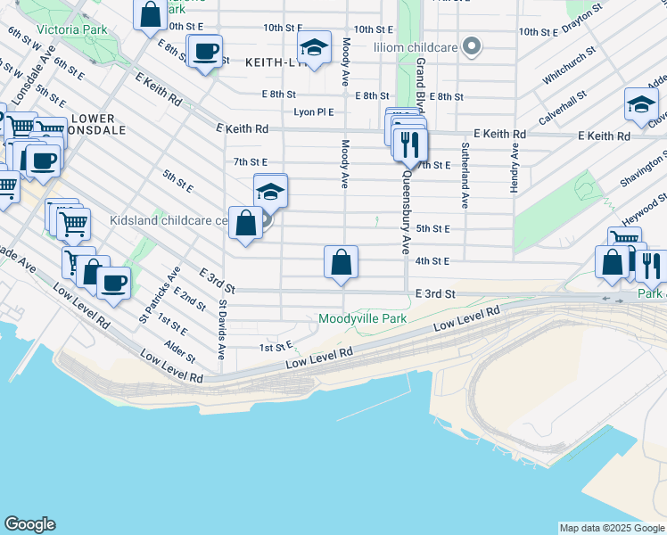 map of restaurants, bars, coffee shops, grocery stores, and more near 559 4th Street East in North Vancouver