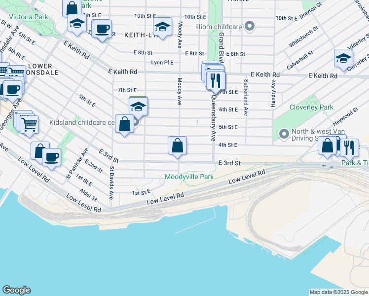 map of restaurants, bars, coffee shops, grocery stores, and more near 609 4th Street East in North Vancouver