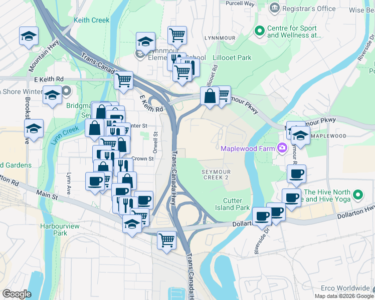 map of restaurants, bars, coffee shops, grocery stores, and more near 1815 Keith Road East in North Vancouver