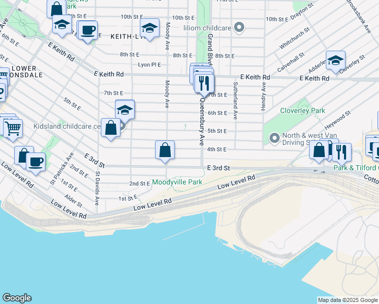 map of restaurants, bars, coffee shops, grocery stores, and more near 645 4th Street East in North Vancouver