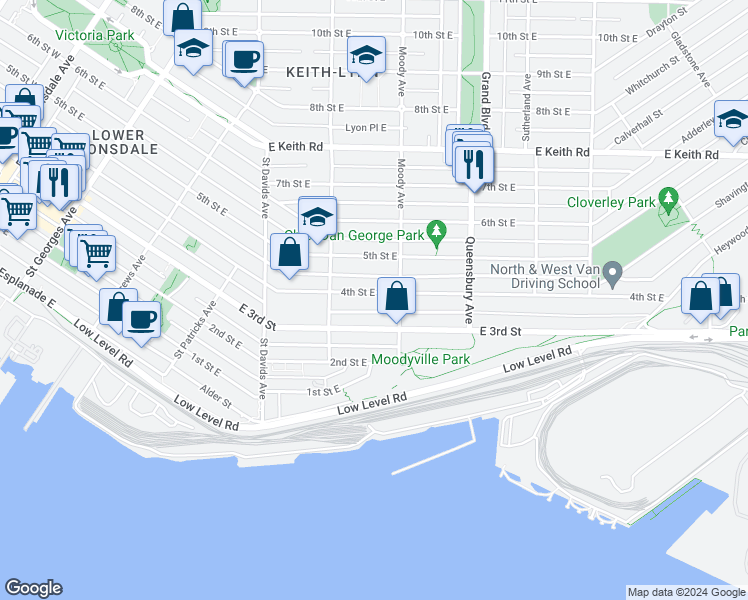 map of restaurants, bars, coffee shops, grocery stores, and more near 543 4th Street East in North Vancouver