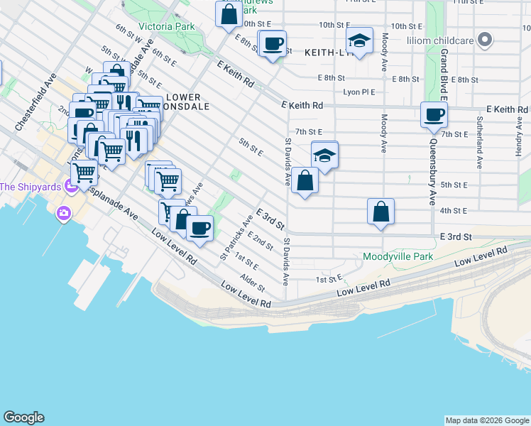 map of restaurants, bars, coffee shops, grocery stores, and more near 422 East 3rd Street in North Vancouver