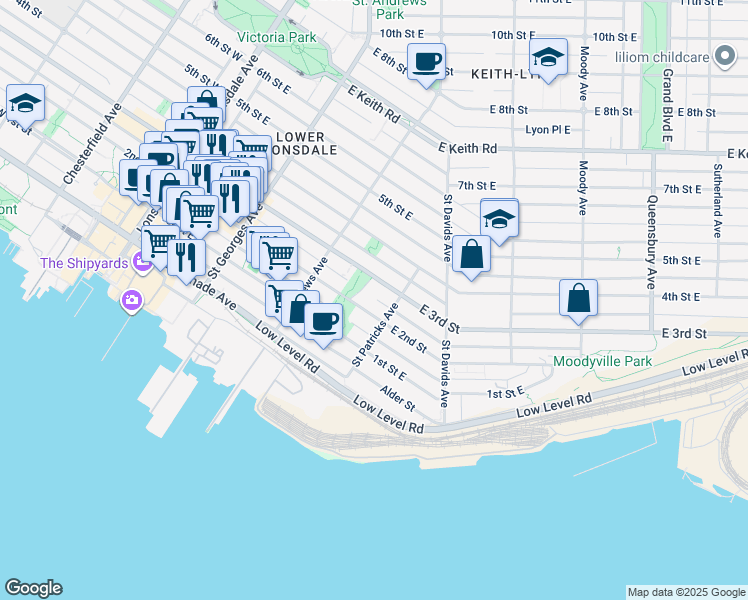 map of restaurants, bars, coffee shops, grocery stores, and more near 360 East 2nd Street in North Vancouver