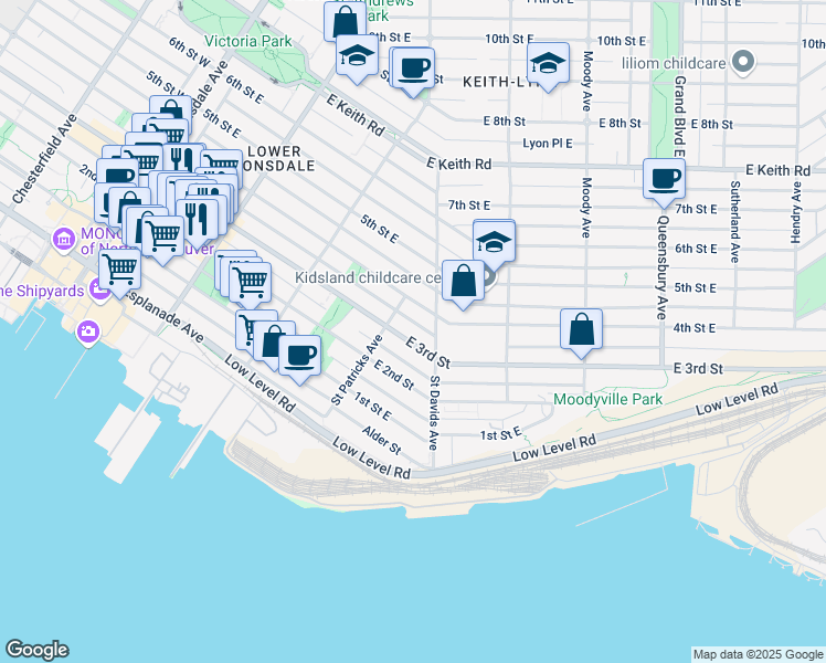 map of restaurants, bars, coffee shops, grocery stores, and more near in North Vancouver
