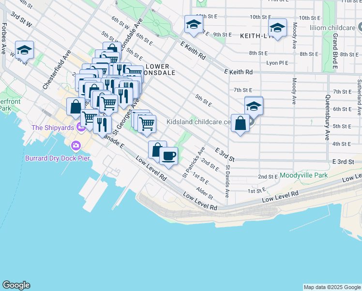 map of restaurants, bars, coffee shops, grocery stores, and more near 2nd Street East in North Vancouver
